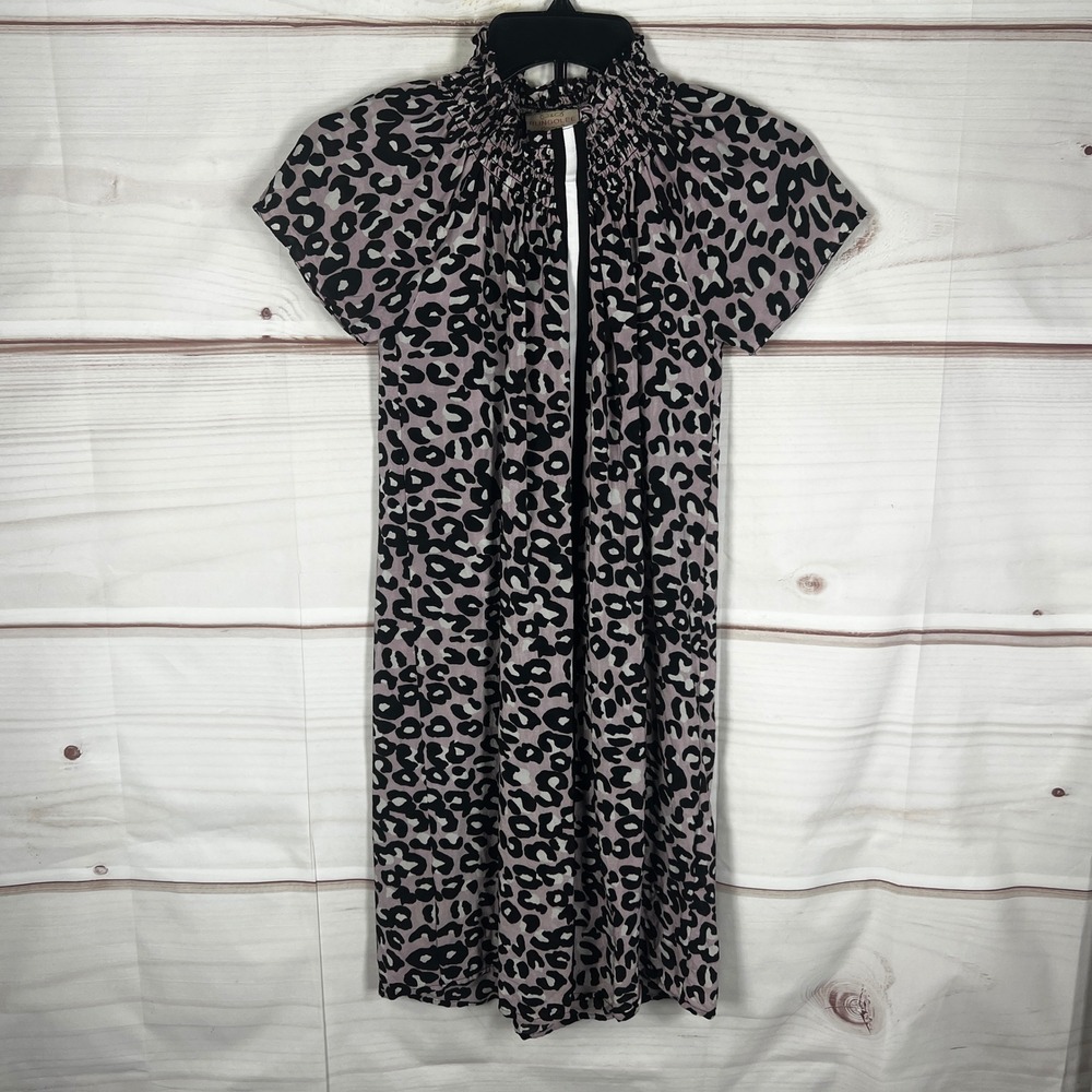 Rungolee Smock Mini Dress Women XXS Purple Leopard Print Short Sleeve Mock Neck